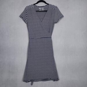 PACT Dress Womens Medium Blue Stripe Wrap Short Sleeve Organic Cotton Belted